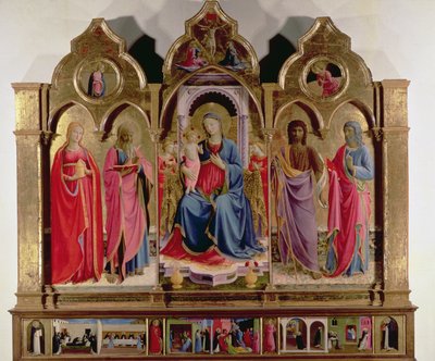 Jungfrau und Kind auf dem Thron mit vier Engeln, St. Markus, St. Johannes der Täufer, St. Johannes der Evangelist und Maria Magdalena, aus dem Polittico di San Domenico von Fra Angelico